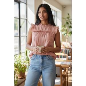 Sweet Wanderer Women’s Dusty Pink Ruffle Neck Blouse Size L Boho Romantic Top